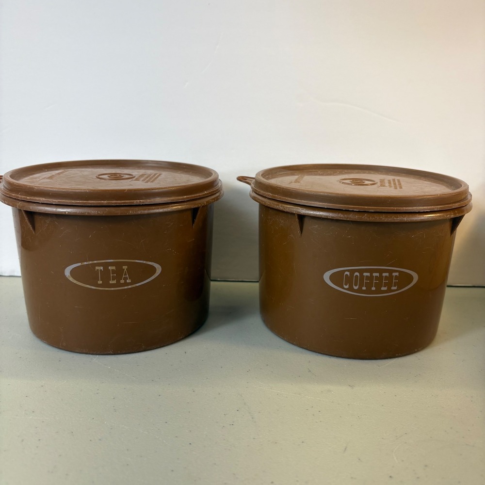 Vintage Tupperware Brown Tea and Coffee Canister Set 2pc Retro Kitchen Storage